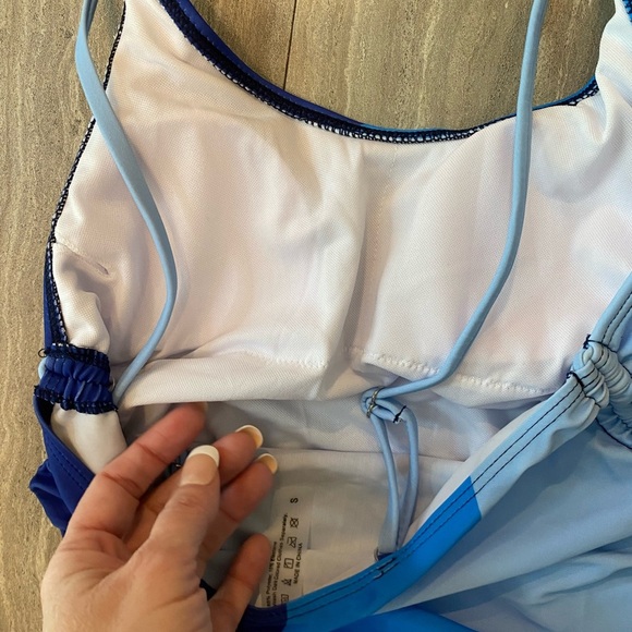 Shein Color Block Size S  Blue one piece swimsuit NWOT Drawstring Side Boho - Picture 5 of 5